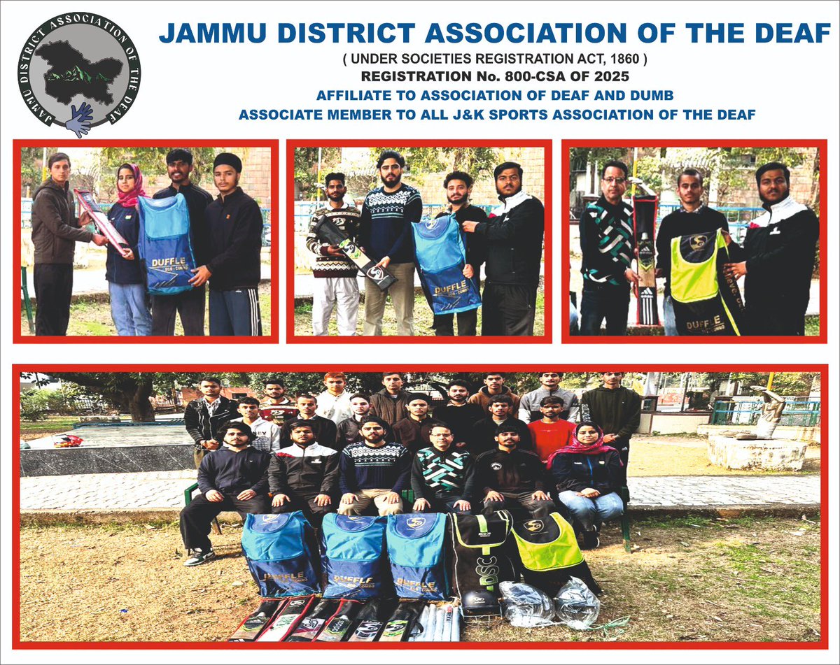 JammuDeaf's tweet photo. I, General Secretary of the Jammu District Association of the Deaf, with Ms. Rakshinda Mehak and Mr. Vishal Khajuria, representatives of international judo players, distributed cricket kits. Thanks to sign language interpreters Mr. Shahriyar Dar and Mrs. Irshad Begum. 🙏🏏 https://t.co/wG5eotZKzh