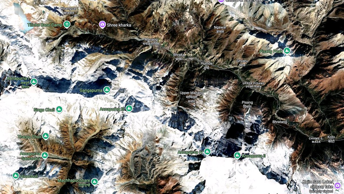 LukeBeaumont's tweet photo. For 69 years, Tilicho Lake🇳🇵(4,919m) was widely thought to be the highest lake on the planet.
That changed in 2019 when climbers discovered Kajin Sara (aka Kanjin Sara/Singar Lake) at ~5,002m in Manang🇳🇵overtaking it.
They're only 40km apart. They were in plain sight on Google maps (Tilicho top left, Kajin Sara bottom right).
Do you think an even higher lake awaits in Nepal's remote Himalayas? 🤔🏔️