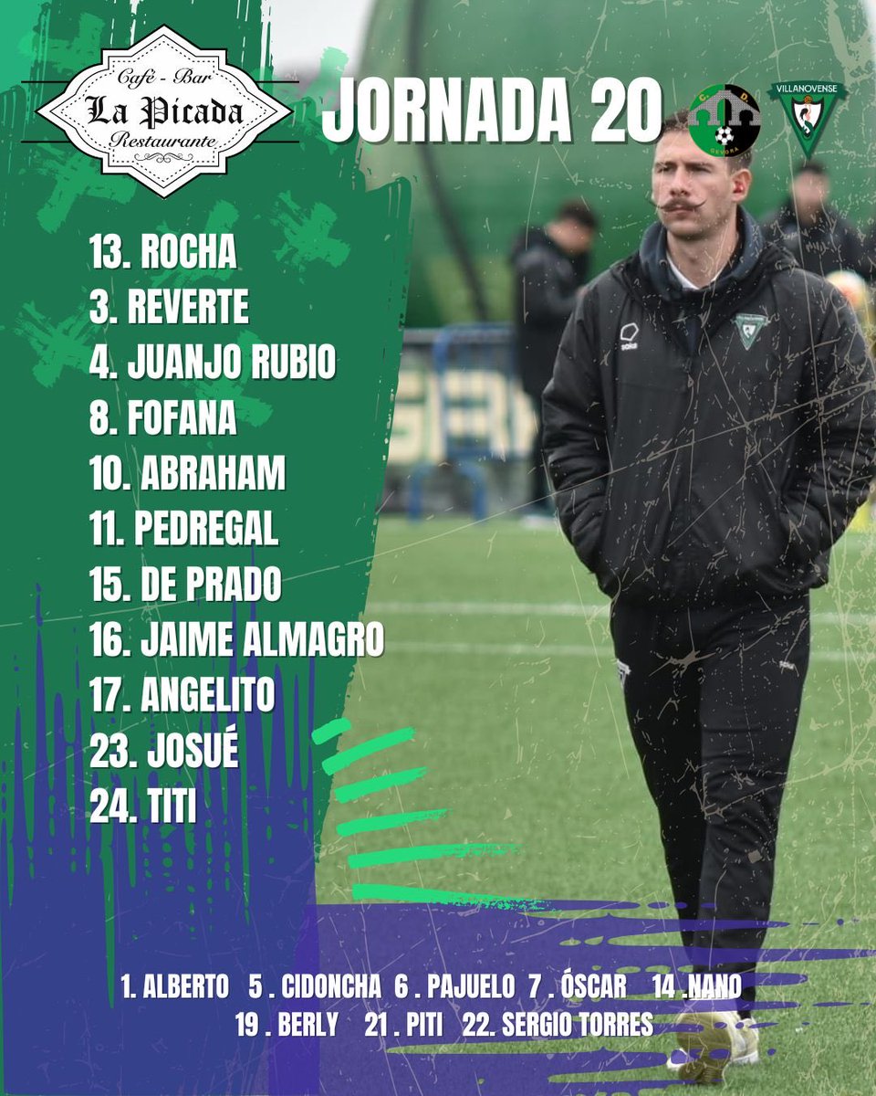 ALINEACIÓN ⚔️ 

Confirmado el once titular para el partido correspondiente a la jornada 20 

#QueNosSigamosViendo #GévoraVillanovense

*Alineación patrocinada por Restaurante Bar La Picada 🍽️