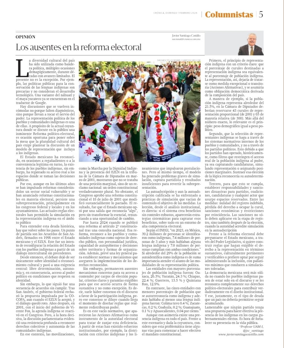 Los indígenas son los ausentes en la reforma electoral. Les comparto artículo.
