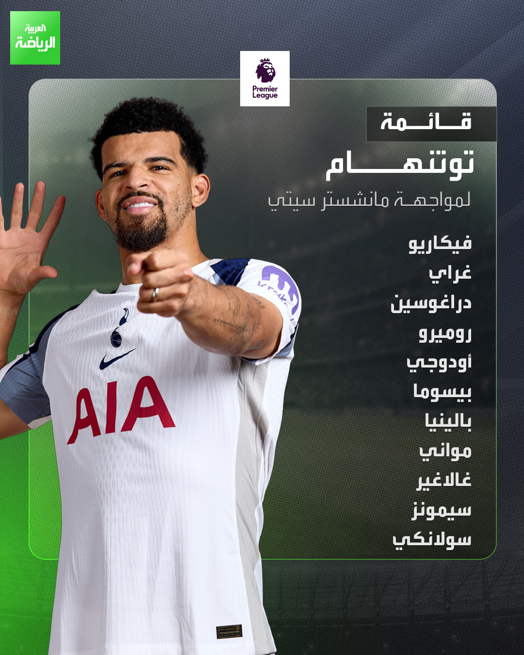 قائمة توتنهام لمواجهة مانشستر سيتي بالدوري الإنجليزي 