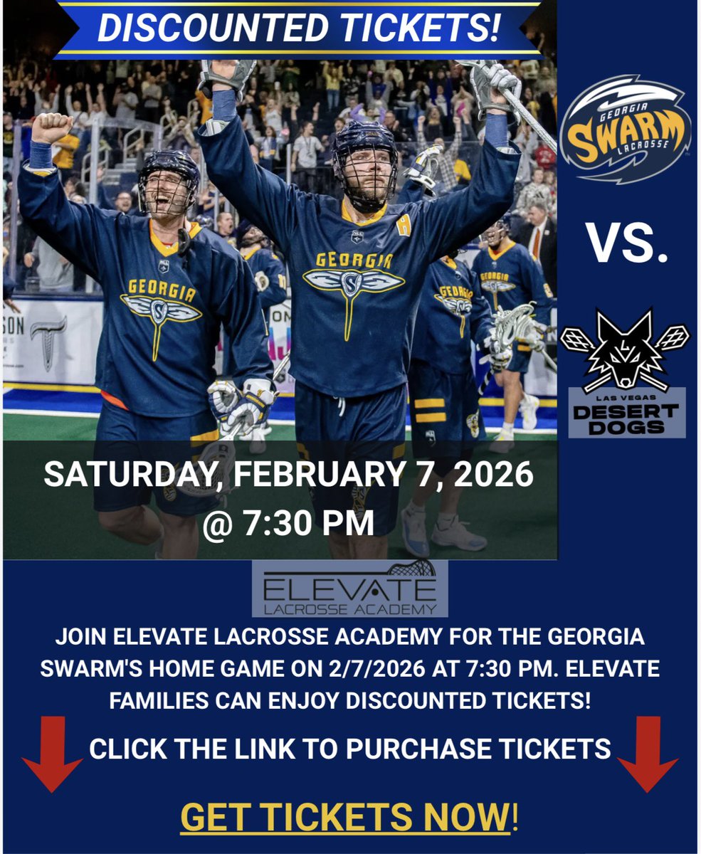 Join us at the <a href="/GeorgiaSwarmLAX/">Georgia Swarm Professional Lacrosse</a> game next Saturday at 7:30. Get discounted tickets at gofevo.com/event/Elevatel…