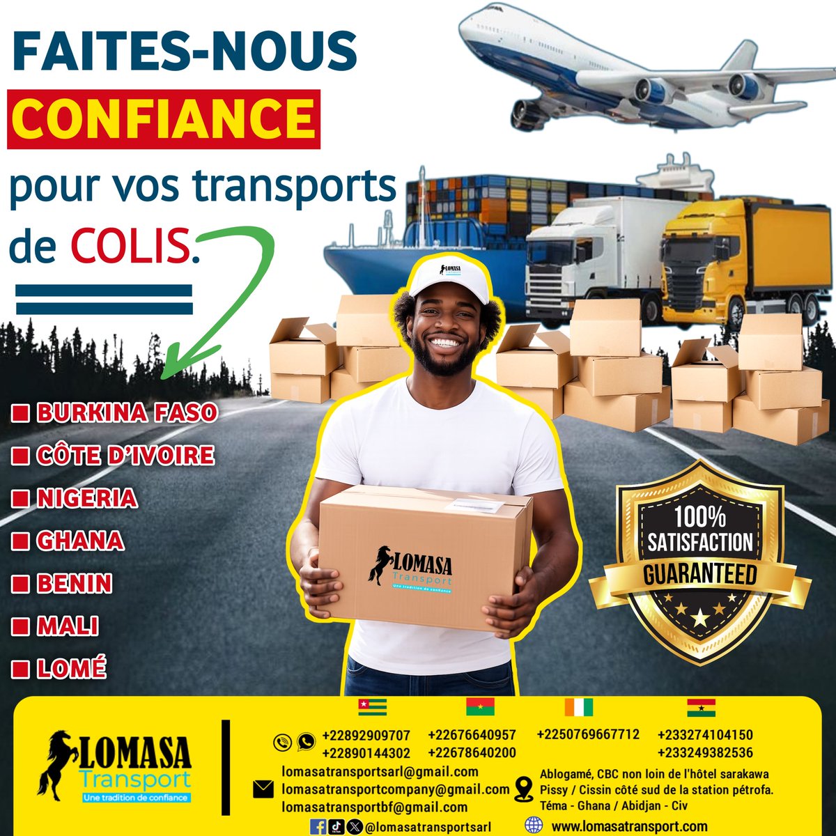 LomasaTransport's tweet photo. Vos colis n'ont plus de frontières avec LOMASA Transport ! 🌍
​Que vous soyez un particulier ou une entreprise, l'envoi de vos marchandises en Afrique de l'Ouest nécessite rapidité et sécurité.
La force de nos équipes et la confiances de nos clients, partout dan le monde. https://t.co/anuPDENV2L
