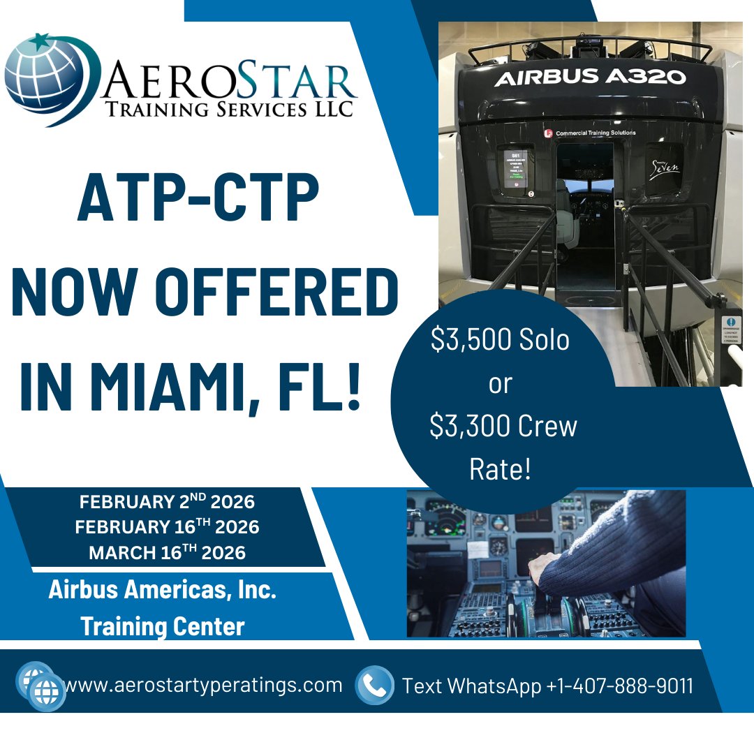 AerostarFltCrew's tweet photo. ✈️ ATP-CTP is here in Miami!
Train at the Airbus Americas Training Center with A320 simulators and take the next big step toward the flight deck. Seats are filling fast, secure your spot and get airline ready. 🌴🛫
 #PilotTraining #MiamiAviation #FlightSchool #ATPCTP https://t.co/AxCTURo48m