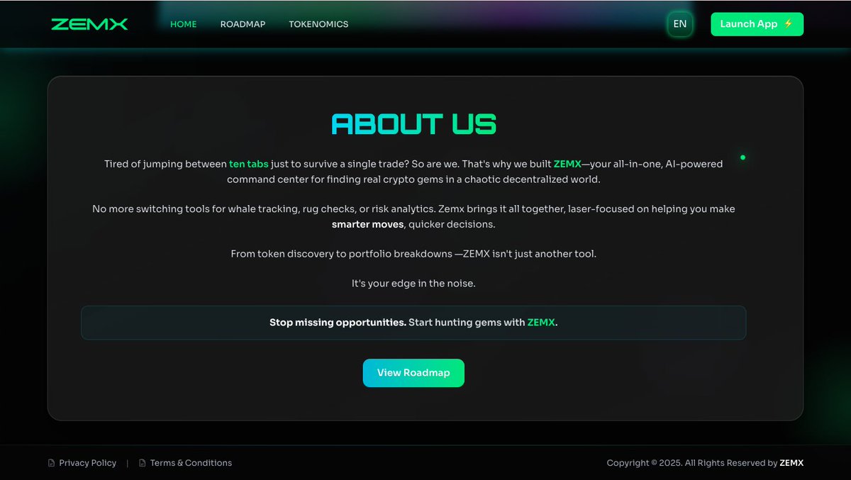 ZEMX_Official's tweet photo. We didn’t build #ZEMX to be “another tool.”
We built it because we were tired of missing #gems, chasing #rugs, and wasting hours in noise.

#ZEMX is for the traders who care about speed, clarity, and signal.
If that’s you, welcome home. 💎

#Web3Community #CryptoAlpha #AI https://t.co/I9NRYmB7J2