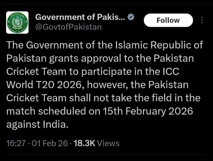 BIG BREAKING: PAKISTAN WILL NOT PLAY THE GAME VS INDIA ON FEB 15 IN COLOMBO AS PER THE GOVERNMENT OF PAKISTAN.