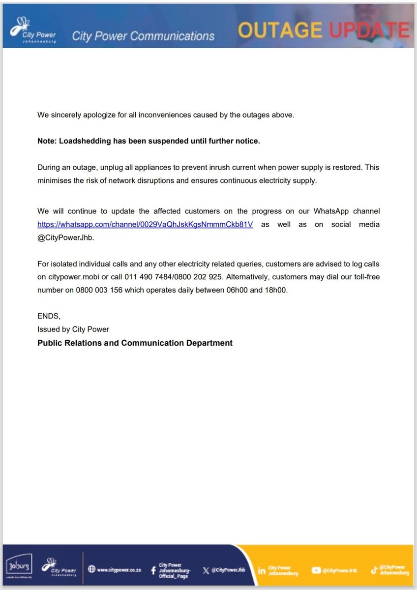 #CityPowerUpdates
#RoodepoortDC

The Service Delivery Center has 710 open calls, and 401 of those calls have been logged in the last 24 hours. 

Follow the Roodepoort SDC Outage Updates channel on WhatsApp: whatsapp.com/channel/0029Va… as well as on social media <a href="/CityPowerJhb/">@CityPowerJhb</a> For
