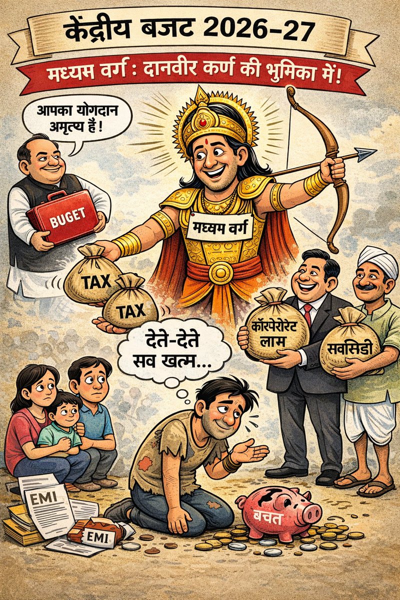 SAKET_KPuri's tweet photo. केंद्रीय बजट 2026-27 में मध्यम वर्ग
......... ......... ........... ......... ...
देश के मध्यम वर्ग को दानवीर कर्ण मान लिया गया है : मध्यम वर्ग के लिए हमेशा की तरह इस बार भी बजट में कुछ नहीं है. देश की सरकार ने इस वर्ग को दानवीर कर्ण मान लिया है. उसकी भूमिका सिर्फ देने की है और खुश रहने की इस बात में कि राष्ट्र के विकास में वह अपनी भूमिका निभा रहा है.
....... ...... ........
(नोट : दी गयी तस्वीर मेरे लिखे कंटेंट के आधार पर एआइ ने तैयार की है.)