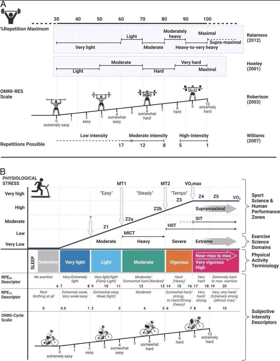 Understanding exercise intensity, effort, and physiological stress

This figure integrates both resistance training and endurance training frameworks to explain how exercise intensity, effort perception, and physiological stress align across different types of activity. It