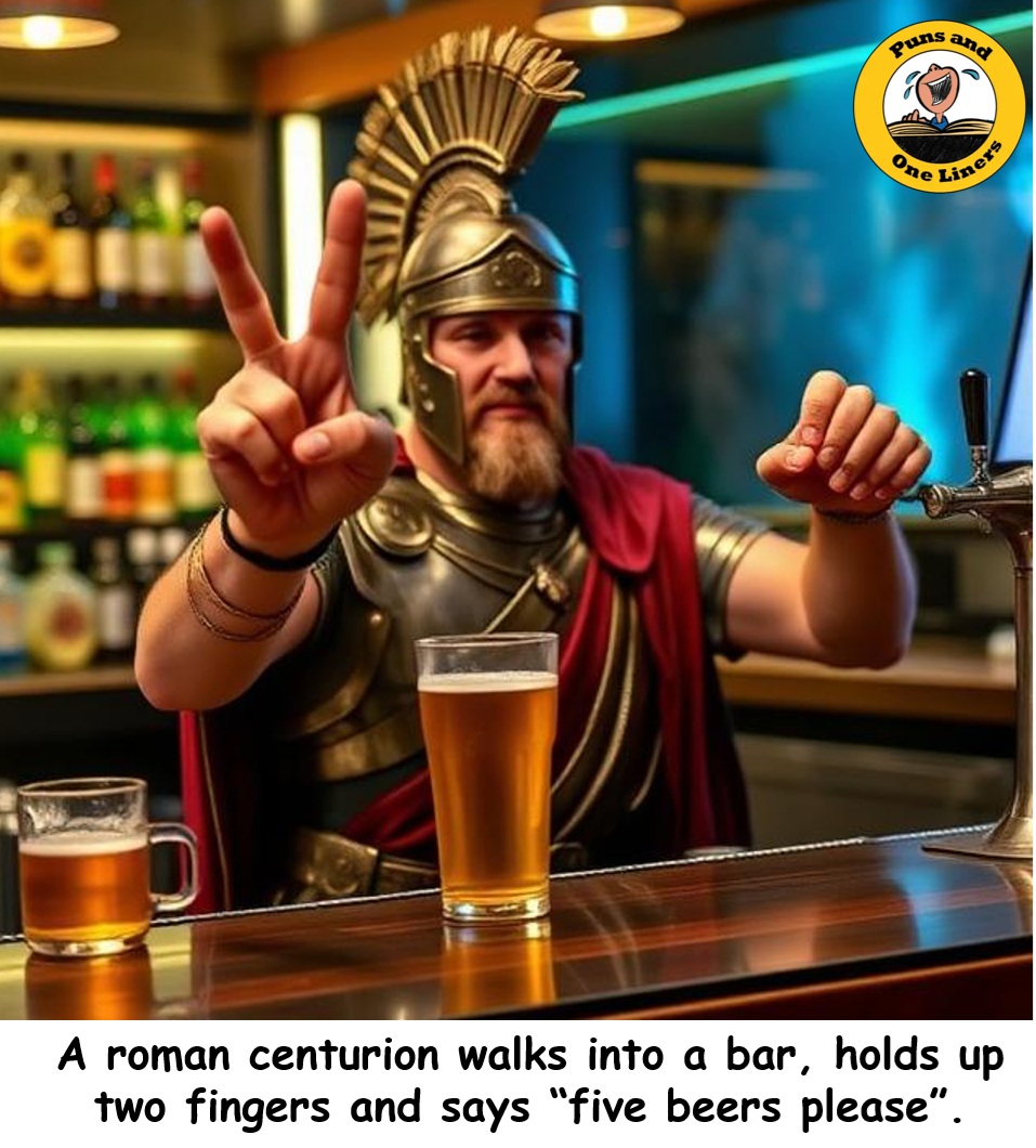 punsandoneliner's tweet photo. A roman centurion walks into a bar, holds up two fingers and says “five beers please”.

https://t.co/73PSA4nZw5     #Number #NumberJokes #Joke #Humour https://t.co/2fNNhDsyAs