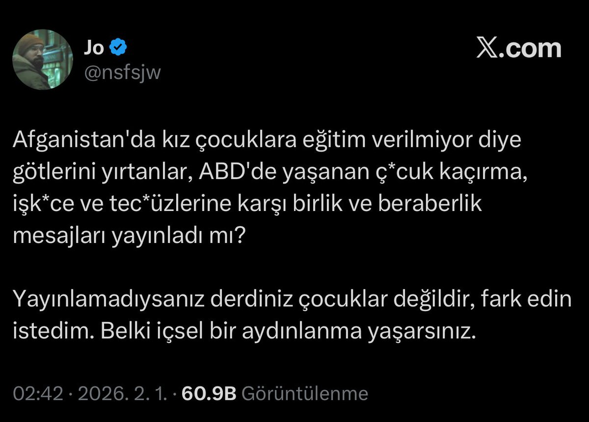 OdakTV1's tweet photo. “Afganistan’da kızlar okula gidemiyor” diyerek ahlâk ve insan hakları nutukları atanların önemli bir kısmı, küresel elitlerin karıştığı Epstein adasındaki tecavüz, çocuk istismarı ve sistematik sapkınlıklar ortaya saçıldığında da suskunluğunu korudu.

Bu suskunluğa karşı tepkiler yükseliyor: