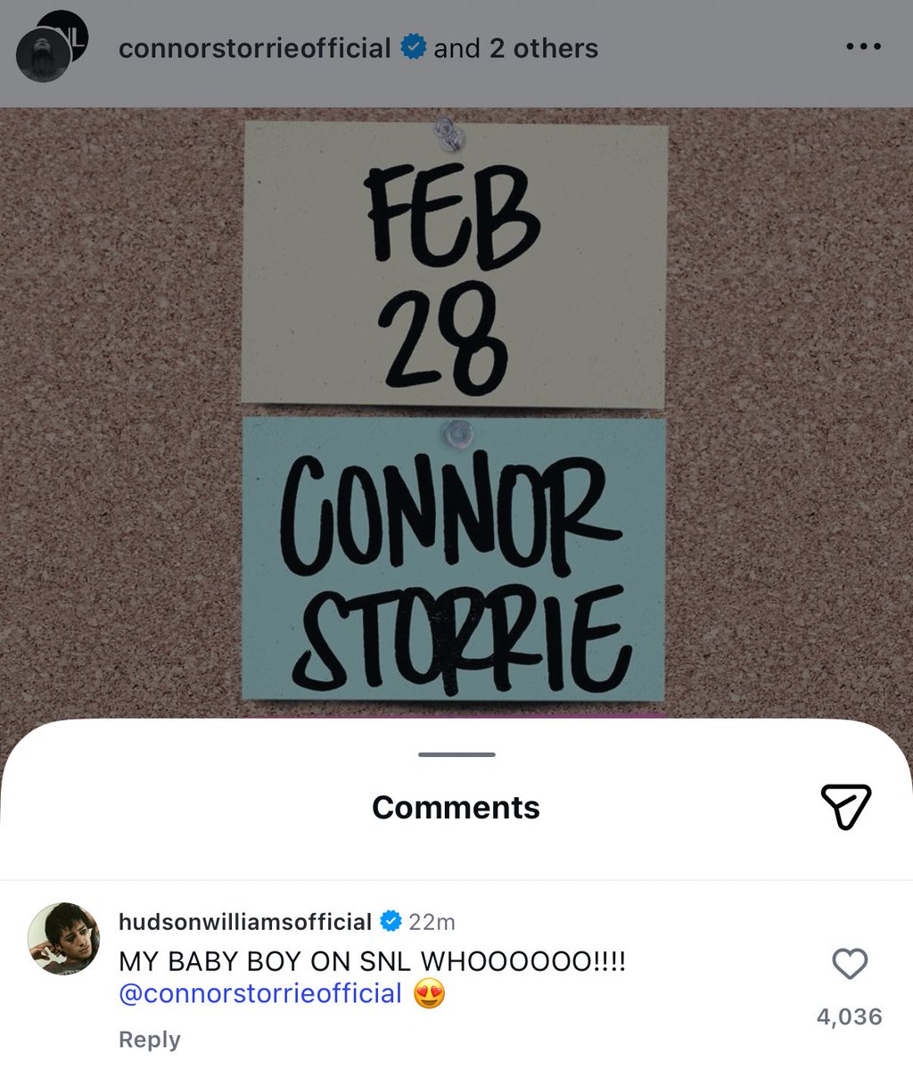 Hudson Williams commented on Connor Storrie’s SNL announcement Instagram post