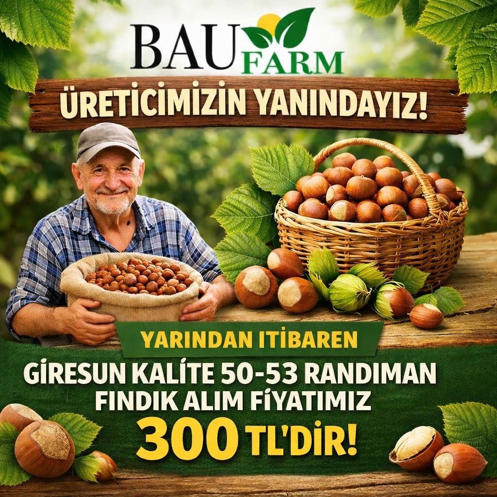 Üreticimizin Yanındayız!
2 Şubat Pazartesi itibari ile Giresun Kalite 50-53 randıman Fındık alım fiyatımız 300 TL’ dir. Çiftliğimize Bekleriz☀️🌱