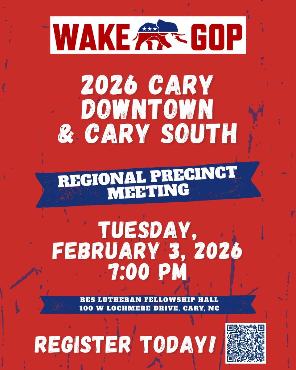 wakegop's tweet photo. Secure Your Spot for our 2026 Wake GOP Convention on Mar 24!! Precinct meetings are THIS WEEK for Raleigh Unincorporated, Cary South &amp; Cary Downtown. - https://t.co/MpYjw7OVMO https://t.co/AvSJYfyyzy