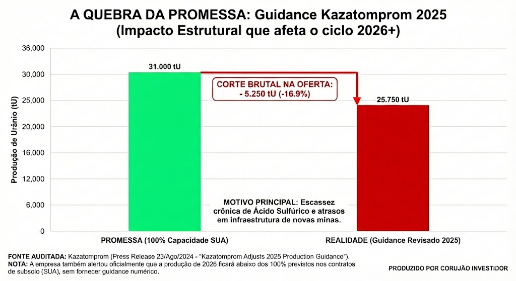 corujaofinance's tweet photo. A #Kazatomprom cortou a produção de urânio para 2026 em 10%, contrariando todas as promessas anteriores. O maior produtor do mundo admitiu que não consegue extrair o suficiente por falta de ácido sulfúrico. O mercado contava com esse #urânio para fechar o balanço das usinas nucleares. O déficit não é mais uma projeção de planilha, é uma falha física de entrega. O reator não funciona com promessa.