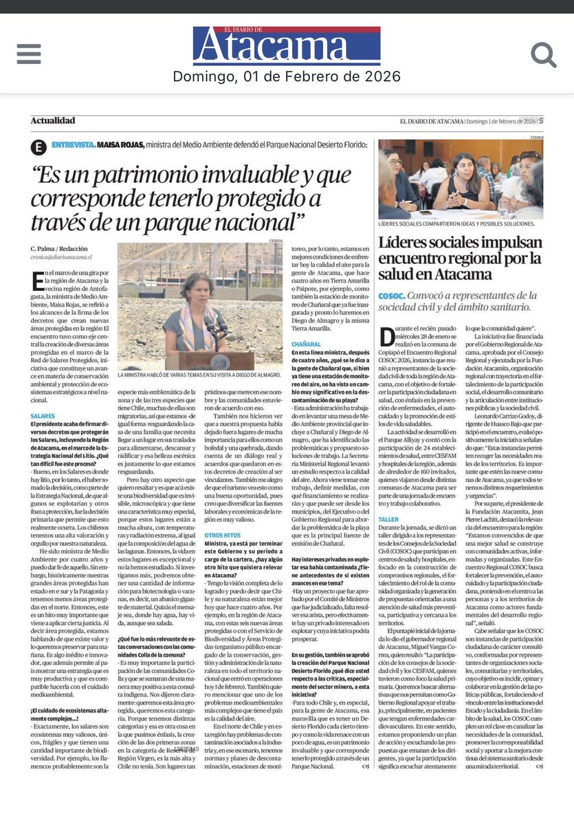 chripalma's tweet photo. Comparto entrevista realizada en Diego de Almagro a @Maisa_Rojas ministra de Medio Ambiente, publicada hoy en el Diario de Atacama

https://t.co/DGuEC7eME9 https://t.co/2Ix6dwCo4Y
