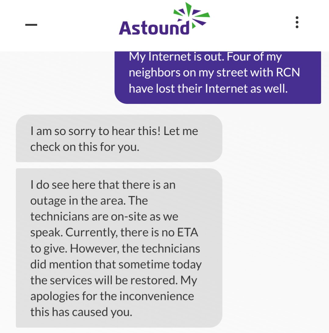 anotherjonah's tweet image. One of the best parts about being an @astoundconnects customer is when their Internet goes down you are told there are no outages and in the same conversations that technicians are fixing an outage with the hope you give up and don't expect compensation.