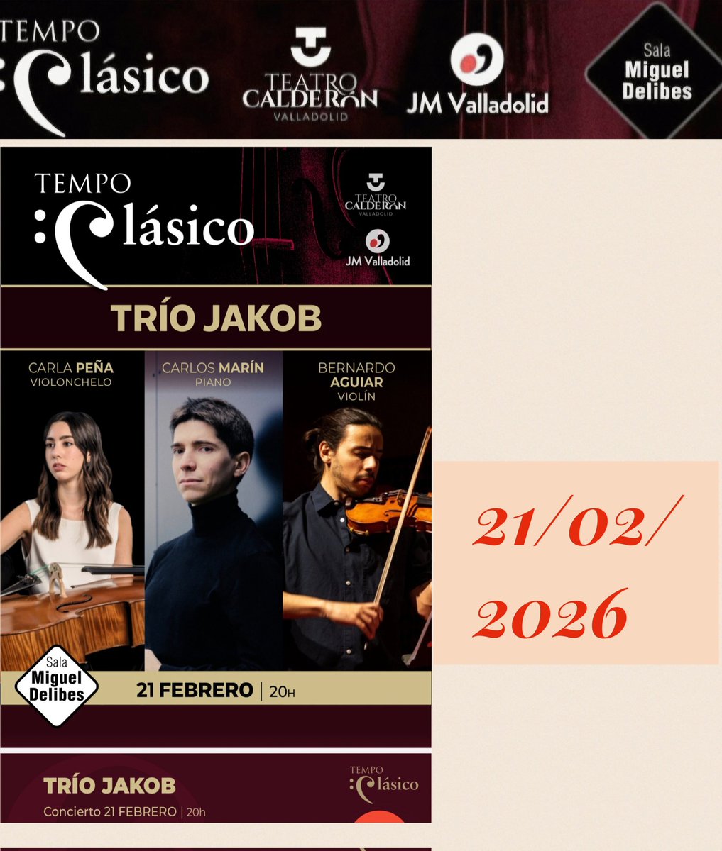 mabelnumol's tweet photo. En febrero 2 fantásticos conciertos del CTC de JM Valladolid.https://t.co/IiRzZUyN10

○ 14 de febrero: Beatriz Patrocínio, soprano / Ángel González, piano
○ 21 de febrero: TRÍO JAKOB
Sala M. Delibes del Teatro Calderón, 20.00h
Entradas en taquilla y  https://t.co/LXEynS7pln https://t.co/2frxVYfzNU