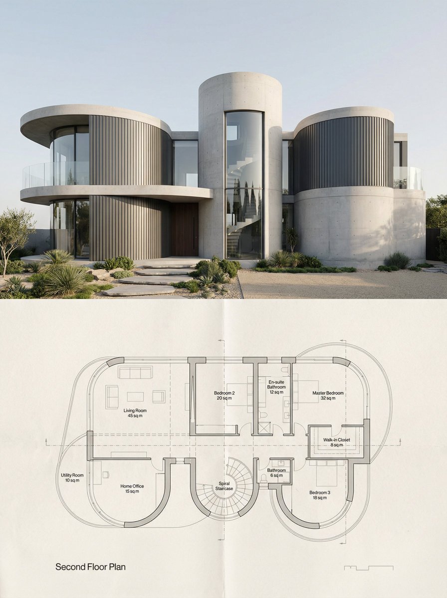 craftian_keskin's tweet photo. The Building / Sketch Plan with one prompt.

Prompt: 
{
  "Objective": "Create a vertically split architectural visualization combining a photorealistic 3D render and a technical floor plan.",
  "VisualComposition": "Split-composition: Upper half = render; Lower half = floor plan. Clear horizontal division. High realism and technical accuracy.",
  "UpperHalf": {
    "Type": "Photorealistic architectural render",
    "Description": "Ultra-realistic modern architectural render of a sculptural concrete residence composed of interlocking cylindrical volumes.",
    "ArchitecturalFeatures": [
      "Smooth exposed concrete",
      "Curved floor plates",
      "Glass balustrades",
      "Vertical ribbed metal cladding",
      "Full-height glazing"
    ],
    "Lighting": "Natural daylight with soft shadows",
    "Materials": "Realistic materials with accurate scale",
    "Environment": {
      "Landscape": "Minimal",
      "Sky": "Neutral"
    },
    "Style": "Photorealistic architectural photography"
  },
  "LowerHalf": {
    "Type": "Architectural floor plan drawing",
    "Description": "Highly detailed architectural floor plan drawing exactly matching the upper building's geometry and layout.",
    "VisualStyle": "Clean technical linework on warm off-white paper texture",
    "Annotations": {
      "FloorLabel": "Second Floor Plan",
      "RoomLabels": "Each room labeled with name and area in square meters",
      "Stairs": "Central spiral stair clearly identified",
      "Lines": [
        "Subtle dashed reference lines",
        "Scale indicators"
      ],
      "Typography": {
        "FontStyle": "Thin sans-serif",
        "Alignment": "Neatly aligned",
        "Clarity": "Legible but unobtrusive",
        "Clutter": "None"
      }
    },
    "LightingAndShading": "Subtle, ensuring clarity and precision",
    "Function": "Reads as technical drawing"
  },
  "StyleAndQuality": {
    "RenderStyle": "Photorealistic (top)",
    "DrawingStyle": "Technical architectural (bottom)",
    "Quality": [
      "High precision",
      "Clean layout",
      "Competition-board quality",
      "Ultra-sharp",
      "Realistic",
      "Professional"
    ]
  },
  "NegativePrompt": [
    "Incorrect proportions",
    "Mismatched plan and building",
    "Sketchy lines",
    "Cartoon style",
    "Heavy textures",
    "Handwritten text",
    "Random labels",
    "Inaccurate geometry",
    "Low detail",
    "Unrealistic materials",
    "Excessive contrast"
  ],
  "OutputSettings": {
    "AspectRatio": "3:4 vertical",
    "Division": "Clear horizontal separation between render (top) and plan (bottom)"
  },
  "AdditionalExample": {
    "Description": "A minimalist, modern architectural photograph of a stark white rectangular building with a flat roof, set against a pale blue sky. Includes a superimposed ground floor plan above the building showing labeled rooms. Clean, serene, geometric with a person in the foreground walking left to right on gray gravel.",
    "Purpose": "Demonstrates integration of realistic render with technical drawing"
  }
}