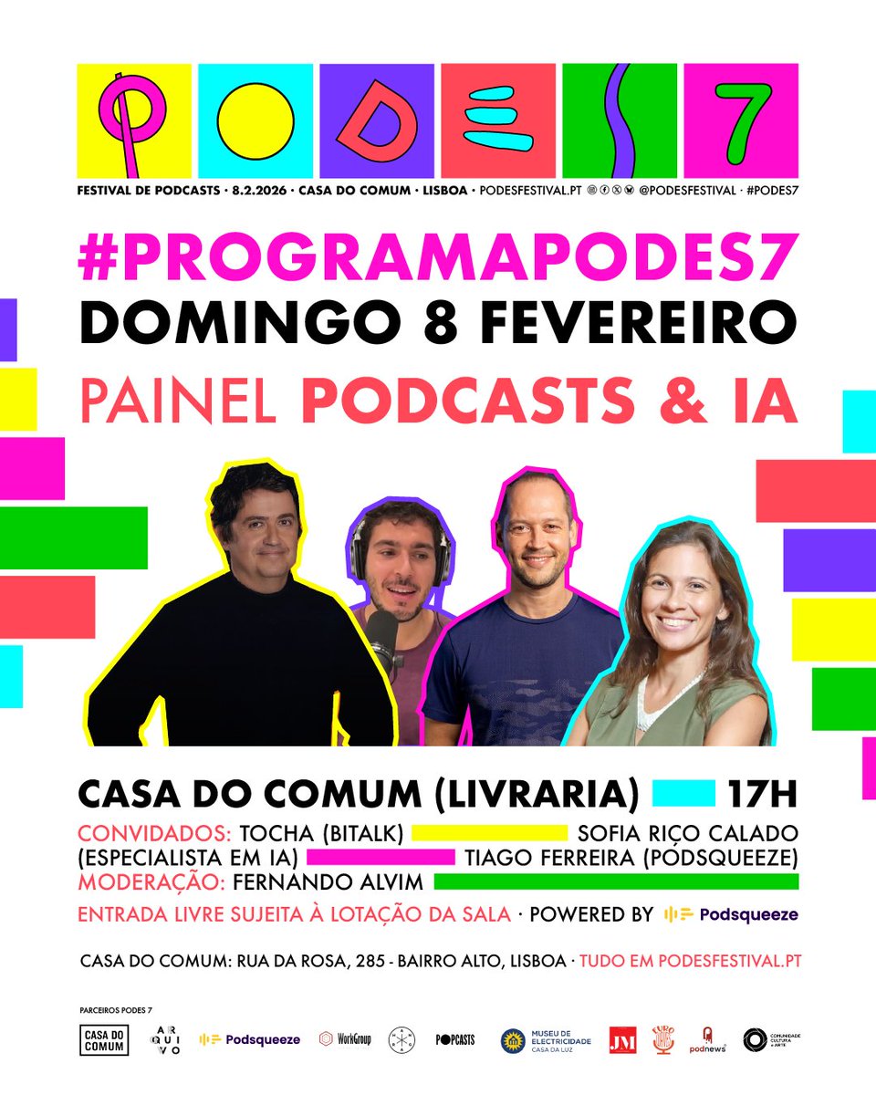 É altura de anunciar quem vai estar connosco no dia 8! 🎙️Painel sobre #Podcasts e #IA, organizado pela <a href="/podsqueeze_app/">Podsqueeze</a>. <a href="/fernando_alvim/">Fernando Alvim</a> conversa com <a href="/therealtocha/">Tocha</a>, Sofia Riço Calado e Tiago Ferreira. ? Fevereiro, 17h, Casa do Comum. Entrada livre!
podesfestival.pt #podes7