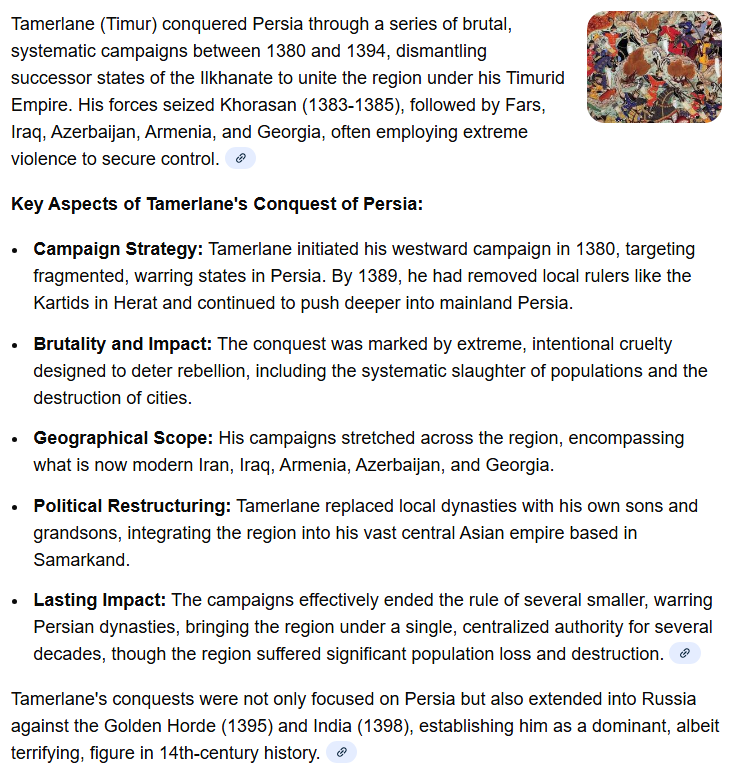 amicocolorido's tweet photo. @TOzgokmen Not quite.
Tamerlane (Timur) conquered Persia through a series of brutal, systematic campaigns between 1380 and 1394, dismantling successor states of the Ilkhanate to unite the region under his Timurid Empire. His forces seized Khorasan (1383-1385), followed by Fars, Iraq, ... https://t.co/DwMafJaLOS