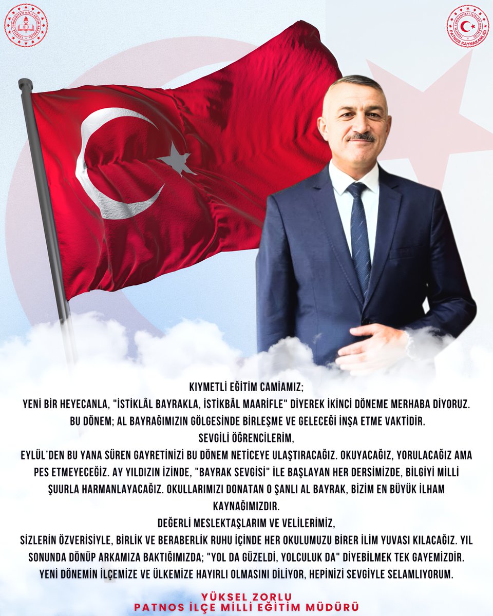 📌 İlçe Milli Eğitim Müdürümüz Sn. Yüksel ZORLU'nun 2025-2026 Eğitim-Öğretim Yılı II. Dönem Mesajı

<a href="/tcmeb/">Millî Eğitim Bakanlığı</a> <a href="/Yusuf__Tekin/">Yusuf Tekin</a> <a href="/tcagrivaliligi/">T.C. Ağrı Valiliği</a> <a href="/patnos_004/">Patnos Kaymakamlığı</a> <a href="/hasan_kokrek/">Hasan Kökrek</a> <a href="/YkselZorlu/">Yüksel Zorlu</a> <a href="/agrimem/">AĞRI MEM</a>