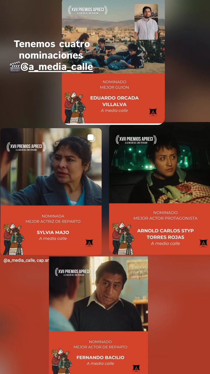sylviamajo's tweet photo. ❤️🎬 Tenemos cuatro nominaciones  de los Premios APRECI para "A MEDIA CALLE" de Eduardo Orcada, producida por Julia Gamarra, ojalá vean la película en algún momento,  muchas gracias!
@apreci
@DAFO_peru

#apreci #cineperuano #cine #dafo #amediacalle #actriz #sylviamajo https://t.co/DPEaW2VxEz