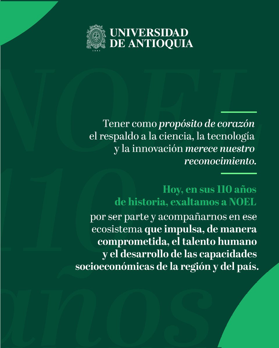 UdeA's tweet image. Desde la #UdeA celebramos, de corazón, los 110 años de #NOEL: una historia empresarial que ha sabido unir conocimiento, innovación y responsabilidad social para aportar de manera decidida al desarrollo socioeconómico de #Medellín, Antioquia y Colombia.

Reconocemos su compromiso