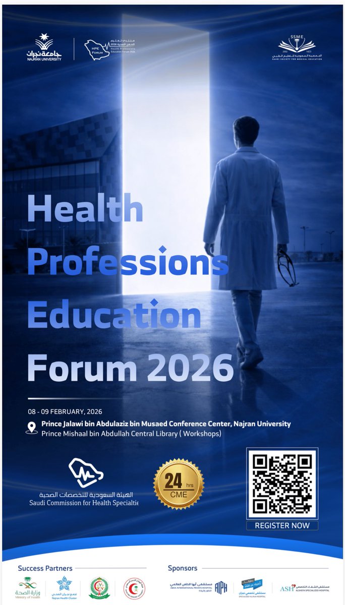 Najran_Univers's tweet photo. This is the official #HealthProfessionsEducation Programme,
two focused days combining keynotes, panels, and interactive workshops, designed to explore AI, simulation, curriculum innovation, assessment, and faculty development in health professions education.

📅 Feb 8–9, 2026 
🔗 https://t.co/ixj0DTNANh