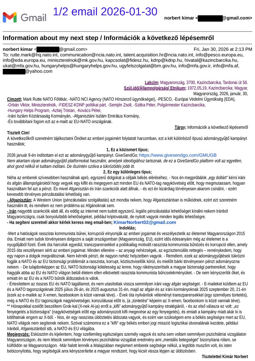 NorbertKimar's tweet photo. 2026-01-30, I sent this email to many addresses, and it's about my fundraising campaigns.
Ezt az emailt küldtem el több címre és az adománygyűjtő kampányaimról szól. https://t.co/9rCtSNfbIT