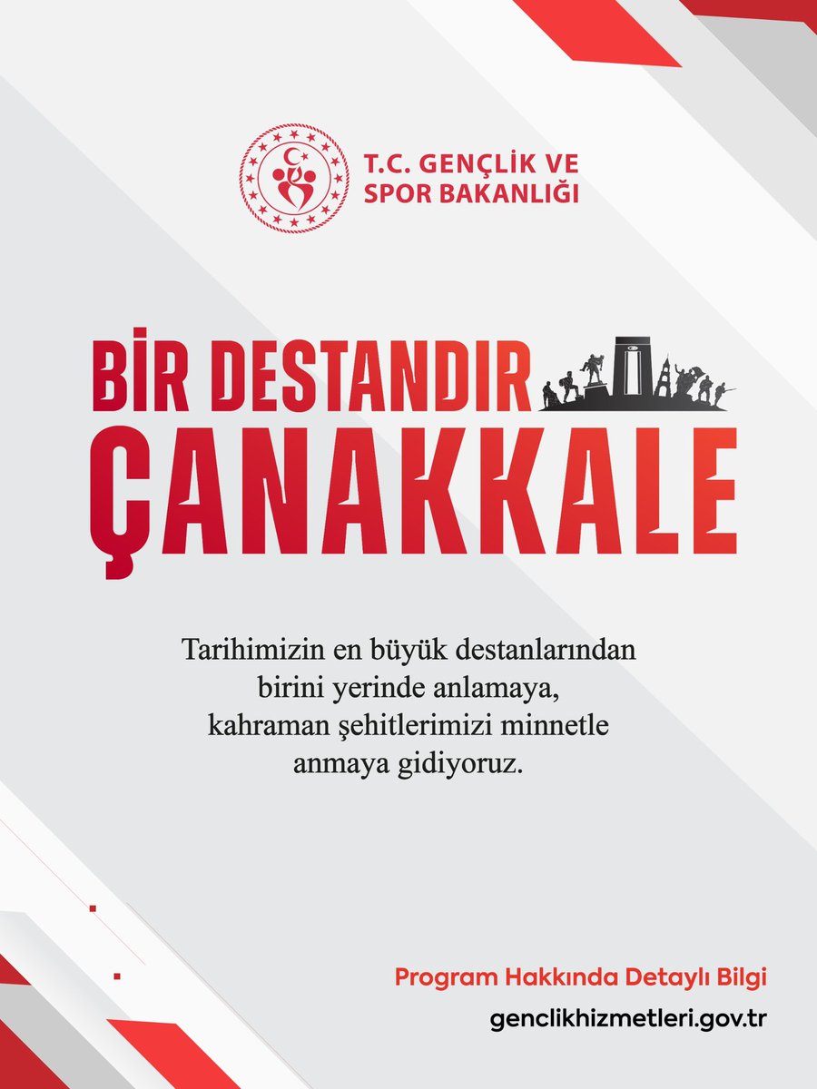 "Bir Destandır Çanakkale" Programı başlıyor! 🇹🇷

Türkiye'nin her köşesinden gençlerle yolumuz; destanın yazıldığı topraklara, ecdadımızın kutlu izlerine uzanıyor.

Detaylı bilgi: Gençlik Merkezleri ve genclikhizmetleri.gov.tr