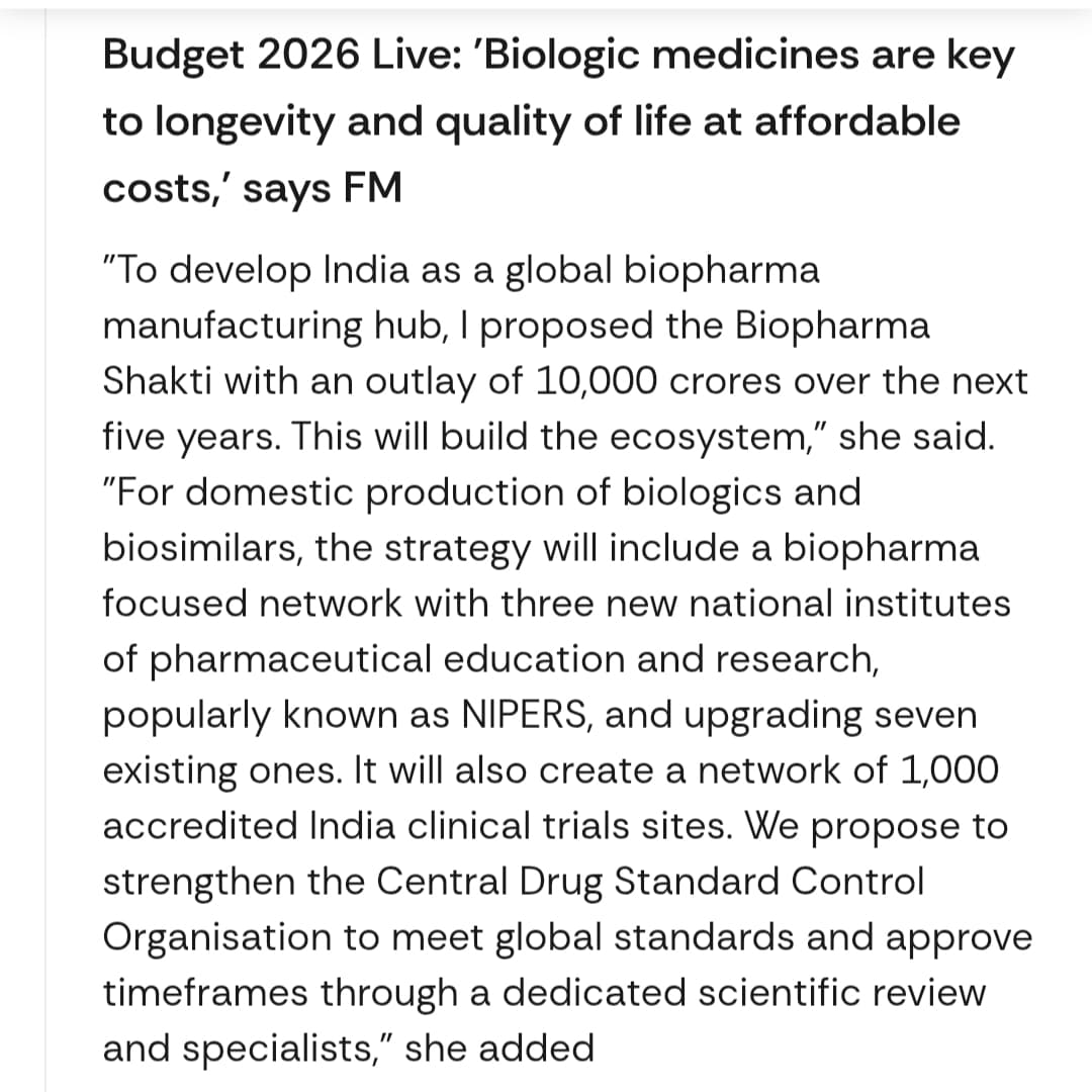 Budget 2026 sends a strong signal for India’s biopharma future.
Focus on #biologics, #biosimilars, expanded #NIPERs, regulatory strengthening can meaningfully advance affordable  innovation-driven healthcare
A promising step forward.
<a href="/nsitharaman/">Nirmala Sitharaman</a>
#Budget2026 #Biopharma