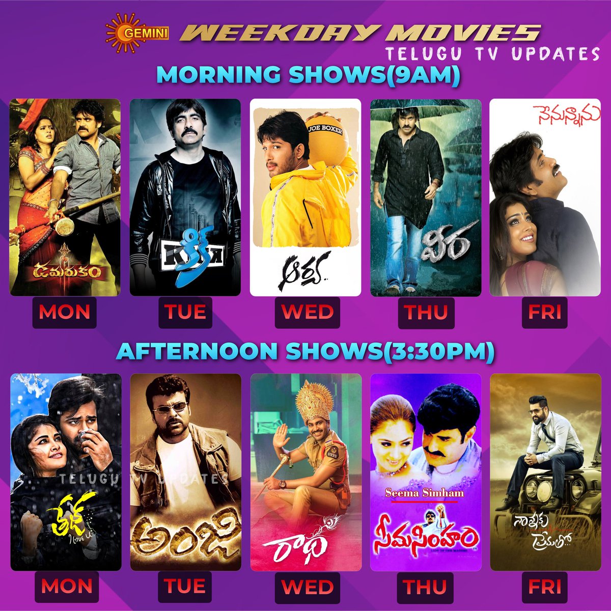telugutvupdts's tweet photo. Weekdays movies on @GeminiTV
Morning shows(9am)
#Damarukam #Kick #Arya #Veera #Nenunnanu
Afternoon shows(3:30pm)
#TejILoveU #Anji #Radha #SeemaSimham #NannakuPrematho
#Chiranjeevi #NBK #Nagarjuna #Raviteja #NTR #AlluArjun #Sharwanand #SaiDharamTej https://t.co/yqxMKemCHe