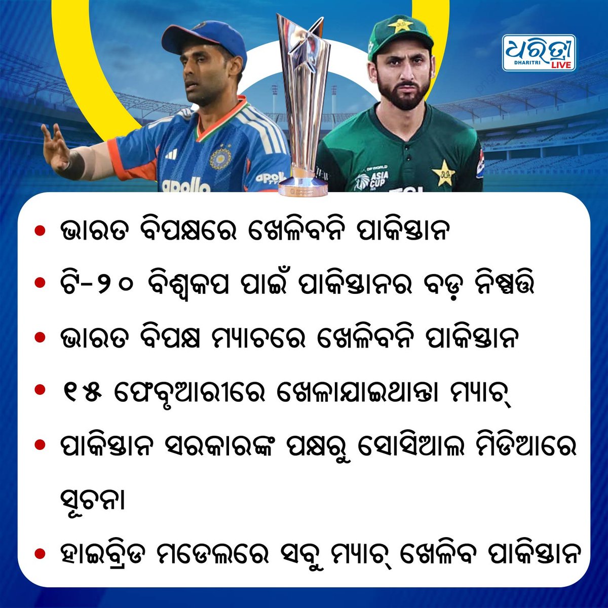 DharitriLive1's tweet photo. ଭାରତ ବିପକ୍ଷରେ ଖେଳିବନି ପାକିସ୍ତାନ
#BreakingNews #T20WorldCup2026 #WorldCupCricket #INDvsPAK #MatchBoycott #Dharitri
📲 Follow Dharitri – Odisha’s No.1 Odia Daily 📰✨ https://t.co/uRszt5Nzo3