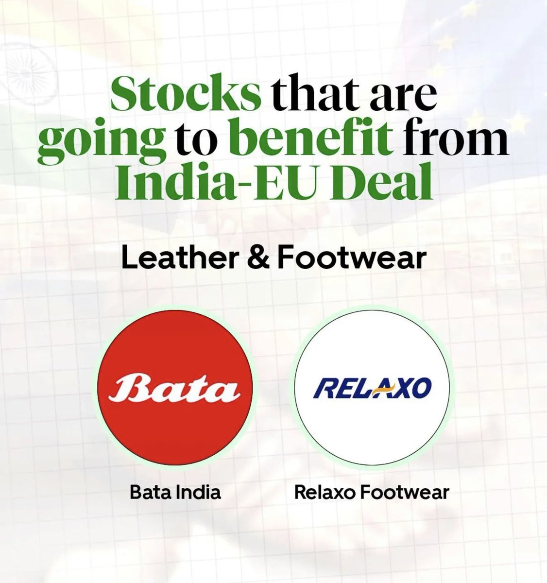 📊 Stocks that are going to benefit from India-EU Deal 

🔲 Textiles &amp; Apparel

▪️ Welspun Living
▪️ Indo Count Industries
▪️ KPR Mill
▪️ Trident
▪️ Arvind
▪️ Vardhman Textiles

🔲 Chemicals

▪️ SRF
▪️ Navin Fluorine
▪️ Gujarat Fluorochemicals
▪️ Aarti Industries
▪️ PCBL
▪️