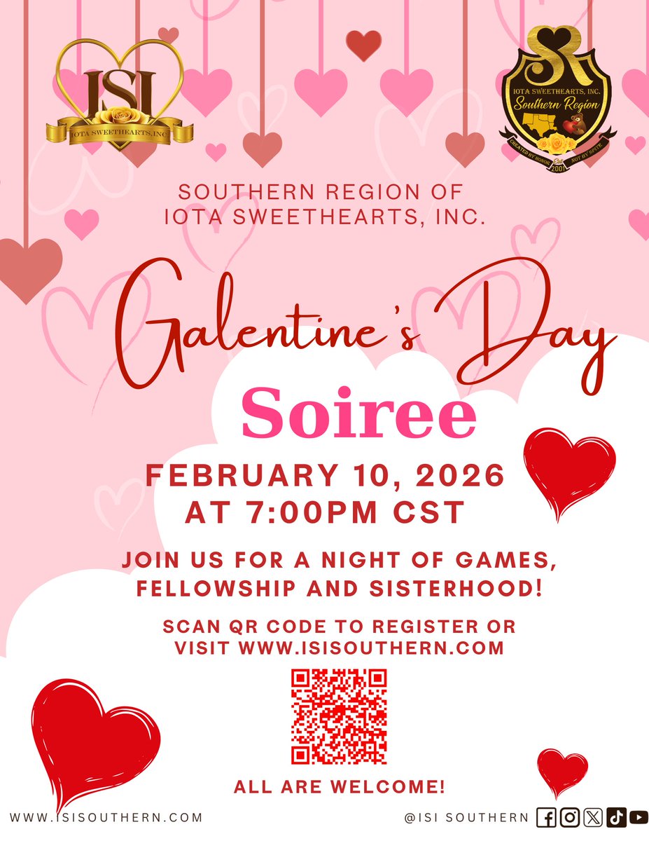 ISI_Houston's tweet photo. Sisterhood is sweeter when we gather! 💕 Join the Southern Region for our Galentine's Soiree games, fellowship &amp; heart.

 Feb 10, 2026 | 7pm CST
https://t.co/pvCP9f7rew
All welcome! #ISISouthern #ISI2014 #GalentinesDay #ASweetSisterhood https://t.co/PY2c38zjHH