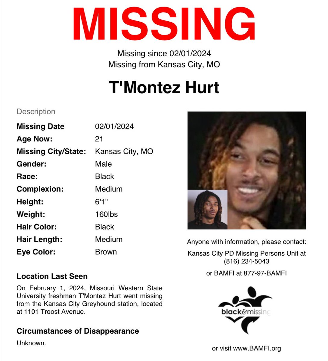 BAM_FI's tweet image. #KansasCity, #MO: Today marks 2yrs since then 19y/o #TMontezHurt vanished on Feb 1, 2024 from the KC Greyhound station &amp;amp; was wearing a royal blue Price Chopper polo shirt, dark green sweats, and black high-top Nike shoes. His hair may be in dreadlocks with light brown highlights.