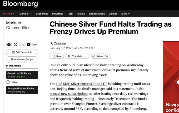 China’s only pure-play silver fund halted trading.

- After a buying frenzy, the Chinese fund traded at a ~40% premium to NAV
- The fund halted trading and stopped accepting new investors
- The fund has halted trading multiple times since December

Demand for silver in China is