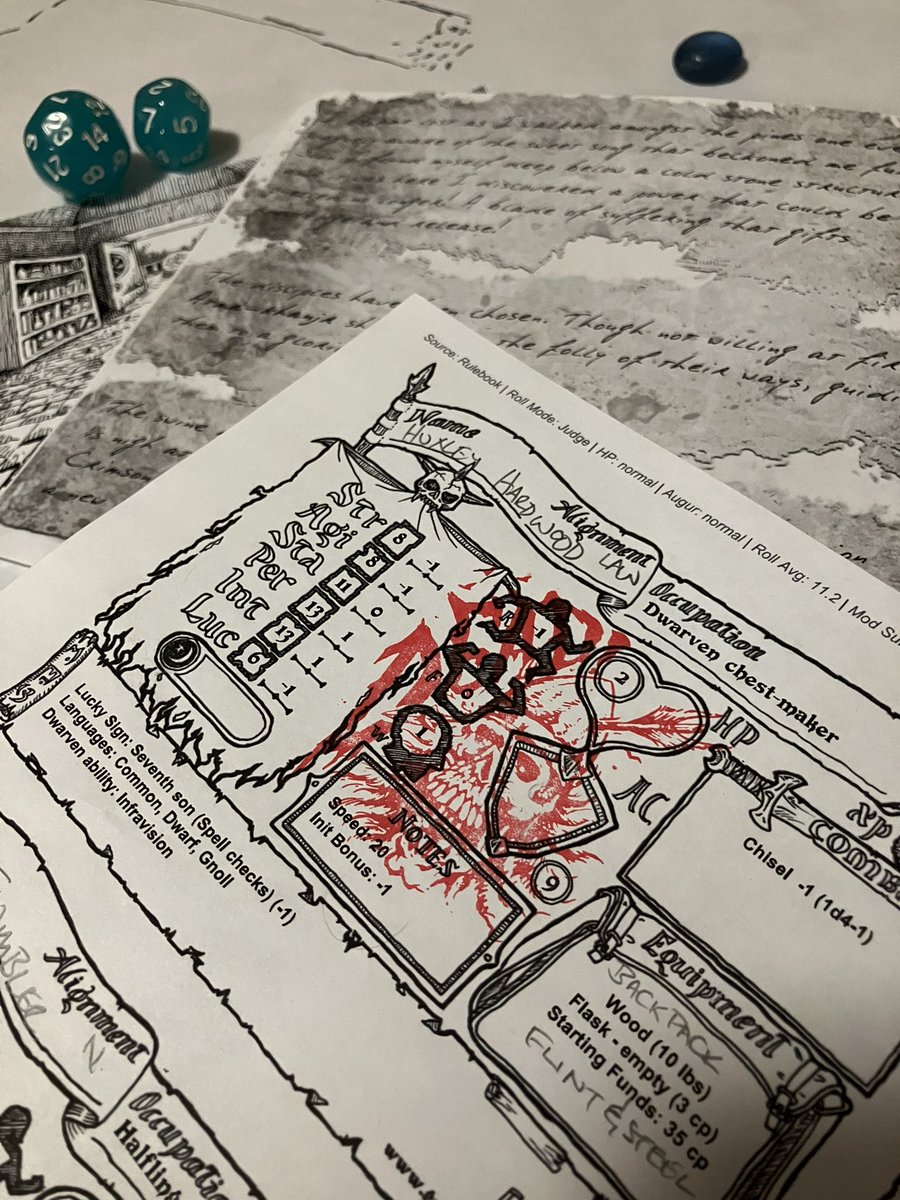 Another Dungeon Crawl Classics funnel, another grisly character death!
Had a blast last night, stumbling our way through Sky ov Crimson Flame by <a href="/SonOvThrain/">Thorin 'SonOvThrain' Thompson</a> !
Strange Dice, Strange Monsters and even Stranger Friends!
#dungeoncrawlclassics #ttrpg #RPG #dcc