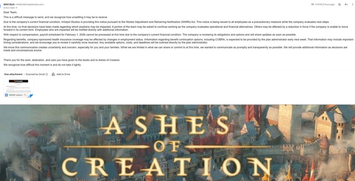 Here's the email received by the Ashes of Creation team at Intrepid