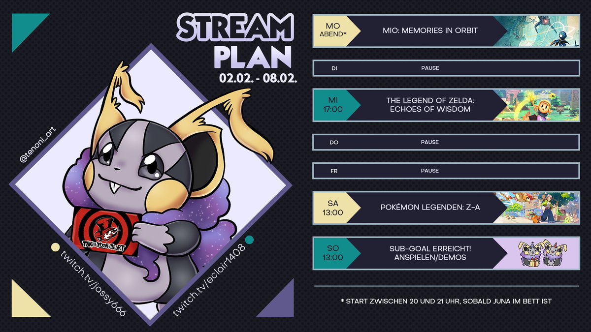 💜 STREAMPLAN! 💜 
Nächste Woche geht es wieder weiter mit Zelda, und außerdem möchte ich gerne in das ein oder andere Spiel mit euch reinschauen, da unser Sub-Goal dafür letztens voll geworden ist °^°/
Ich freue mich auf euch <3