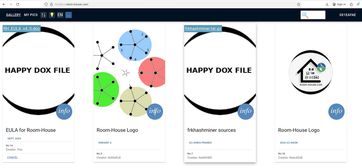 mydocs.room-house.com is HappyDox open tokens board where creators put them on display. It's like a marketplace but no Buy/Sell is possible, only View/Check. Check the copyright attributes by click on 'Info' button - the hashsum of the file, UTC datetime of token mint, etc.