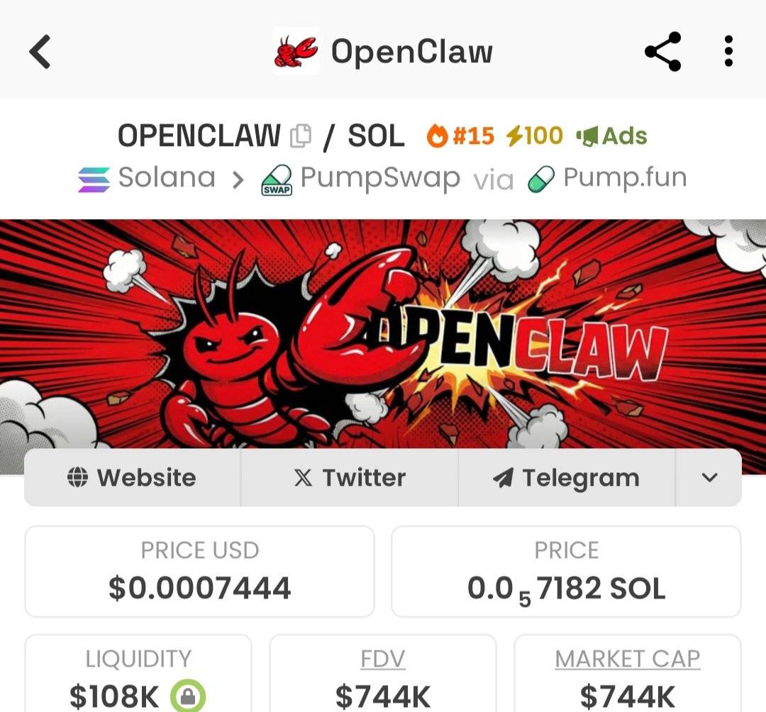 $OPENCLAW  came for gains and TAXED the timeline
From $13K -> $744K MC - a clean sheet
VIP TG called it early. No hype. Just execution
Next Solana play's already brewing.
Follow + DM "VIP" or stay chasing candles

#Solana #memecoin