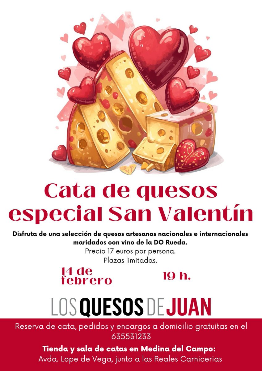 quesosJUAN's tweet photo. En #LosquesosdeJuan te esperamos en #sanvalentin con una #catadequeso muy especial para sorprender a tú pareja.
Regala #sabor y reserva vuestras plazas en tienda o en el 635 53 12 33 
#quesodeverdad 
#alimentosdeValladolid
#dorueda
#rutadelvinoderueda
#medinadelcampo https://t.co/QlQe6FeoQO