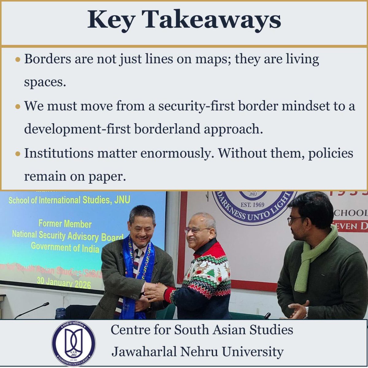 csasjnuofficial's tweet image. Attended the first lecture in a three-part series by Prof. Mahendra P. Lama (CSAS) on Borderland, Economic Corridors and Integration—insightful perspectives on land borders, connectivity corridors, and regional integration in South Asia. 
#BordersasBridges
#CSAS 
#Seminar
#SIS