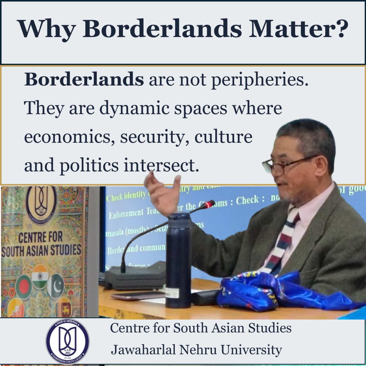 csasjnuofficial's tweet image. Attended the first lecture in a three-part series by Prof. Mahendra P. Lama (CSAS) on Borderland, Economic Corridors and Integration—insightful perspectives on land borders, connectivity corridors, and regional integration in South Asia. 
#BordersasBridges
#CSAS 
#Seminar
#SIS