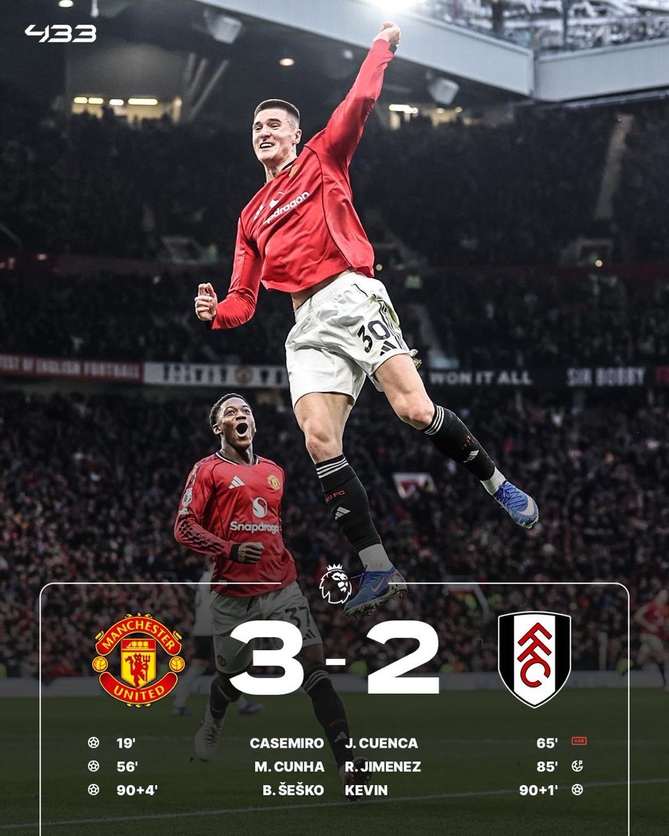 Fooootest's tweet image. 【試合終了】

🏴󠁧󠁢󠁥󠁮󠁧󠁿ユナイテッド 3-2 フラム🏴󠁧󠁢󠁥󠁮󠁧󠁿

終盤に追いつかれる波乱の展開も、最後はシェシュコの決勝弾でユナイテッドが3連勝🔥

キャリック体制は依然として無敗をキープ💪

📸@433