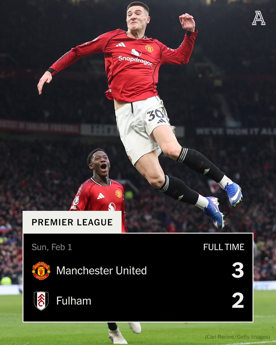 TheAthleticFC's tweet photo. Manchester United make it three wins in a row under Michael Carrick in dramatic fashion against Fulham.

Marco Silva’s side drew level from 2-0 down thanks to Kevin’s stoppage-time stunner, but Benjamin Sesko restored their lead, moving Manchester United back up to fourth. https://t.co/lFckEoeQPh