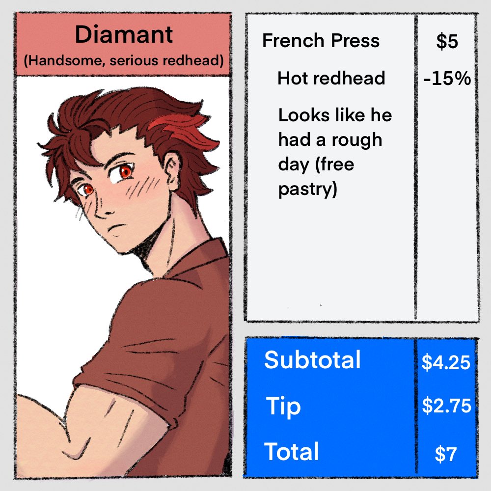 pythons_bow's tweet image. Here ya go! Diamant’s customer profile. I just know this man needs a lil break when he comes into the cafe. Just needs to sit and drink his French press and decompress. Poor guy 😭