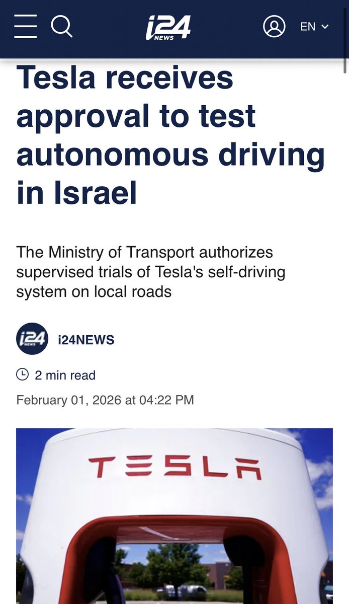 NEWS: Tesla receives approval to test autonomous driving in Israel
 
According to the Transportation Ministry, Israel will soon allow Tesla employees use FSD during demo drives, just like other European countries. 
<a href="/Tesla_AI/">Tesla AI</a> <a href="/teslaeurope/">Tesla Europe, Middle East & Africa</a>